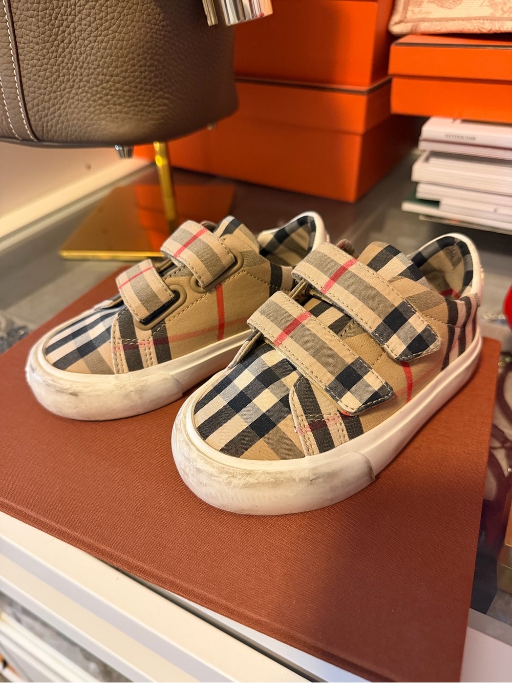 Burberry Kids Tan Check Velcro Sneakers